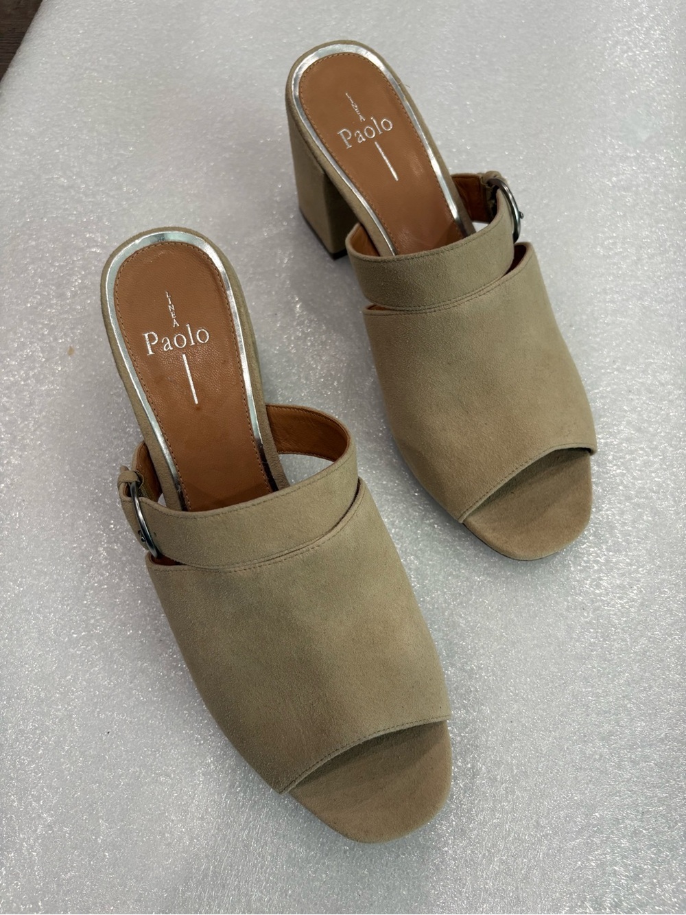 Linea Paolo Beige Block Heel Clog Sandals Suede NWOT